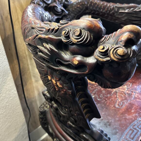 Late 19th century Chinese dragon carved armchair with medallion back 27"L x 21"W - Picture 5 of 12